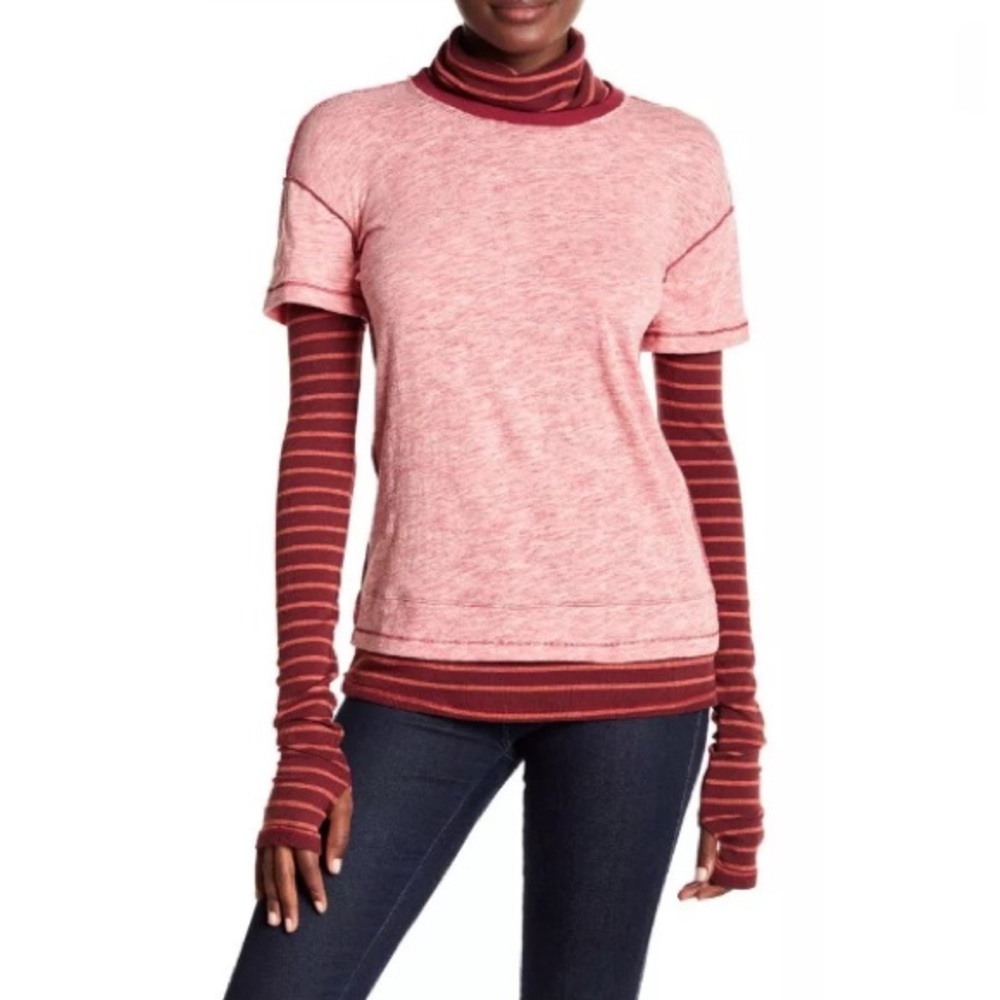 NWT FREE PEOPLE WASHED RED COMBO TURTLENECK SMALL